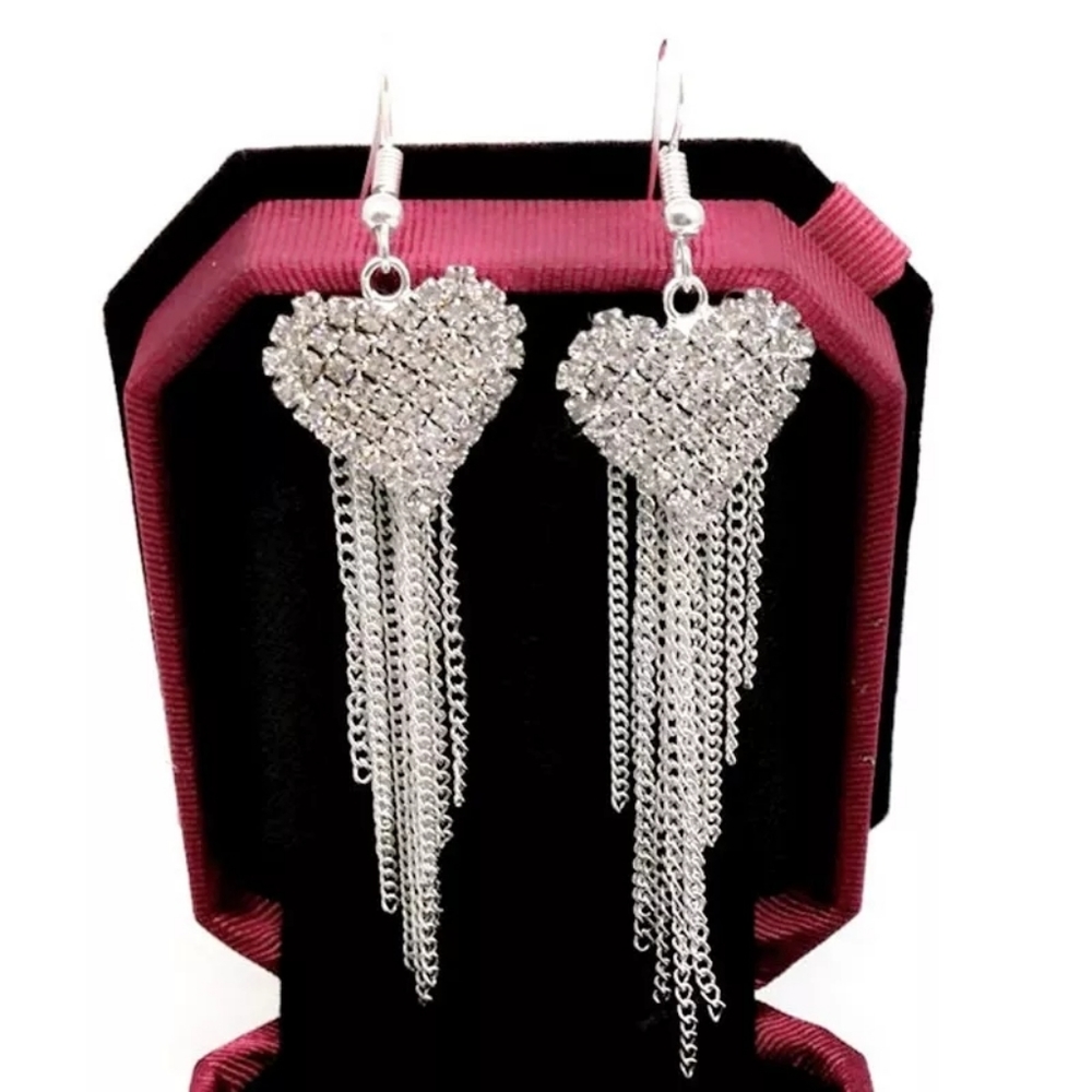 Silver & Gold White Crystal Heart Dangle Earrings - Picture 2 of 6